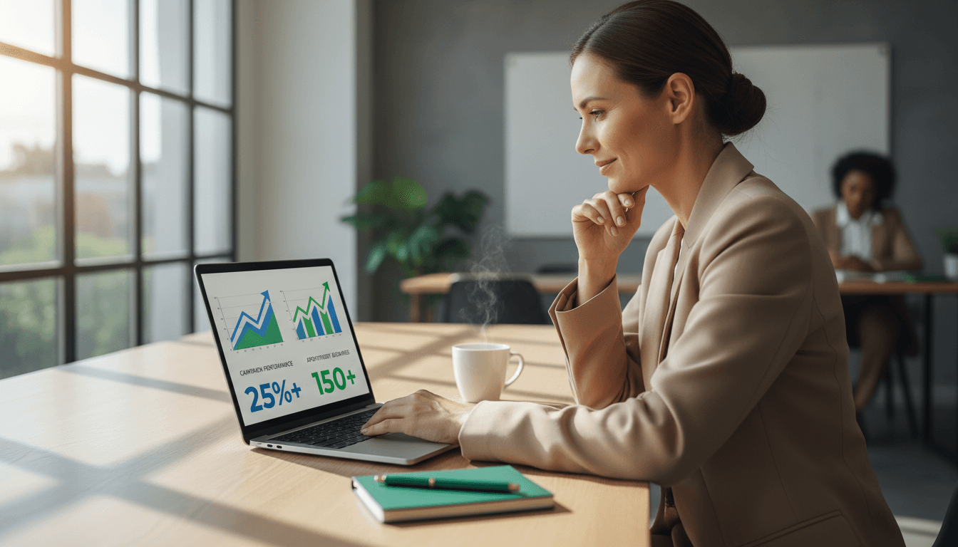 Business owner reviewing lead generation analytics and appointment data on laptop