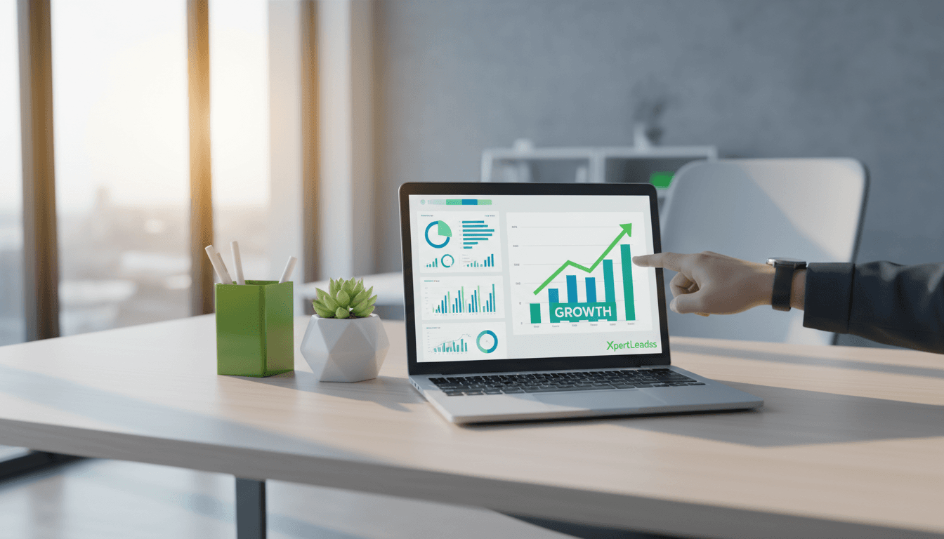 Professional workspace showing analytics dashboard with growth trends on laptop screen