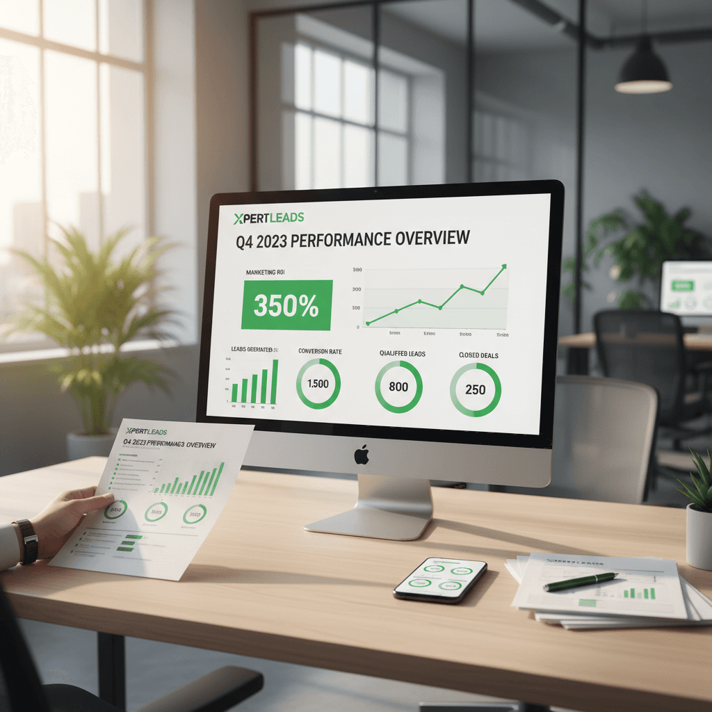 Monthly performance report showing leads, appointments, and revenue metrics